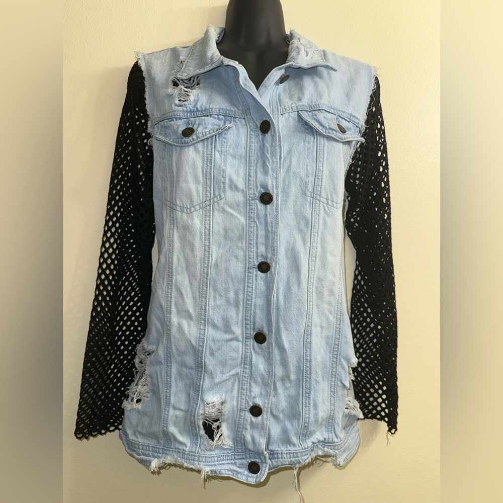 Pink Label Denim Co. distressed‎ denim jacket with mesh sleeves sz L